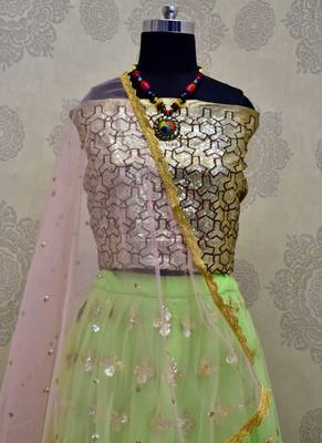Green Plain Net Unstitched Lehenga 3