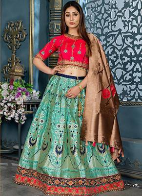Green Plain Silk Unstitched Lehenga 1