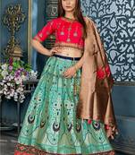 Green Plain Silk Unstitched Lehenga