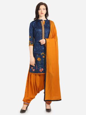 Blue Orange Cotton Printed Causal Wear Dress Material  1