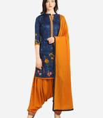 Blue Orange Cotton Printed Causal Wear Dress Material 