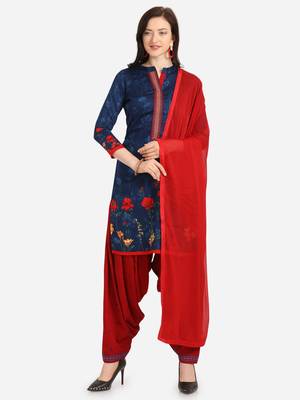Blue Red Cotton Printed Causal Wear Dress Material  1
