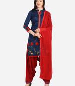 Blue Red Cotton Printed Causal Wear Dress Material 
