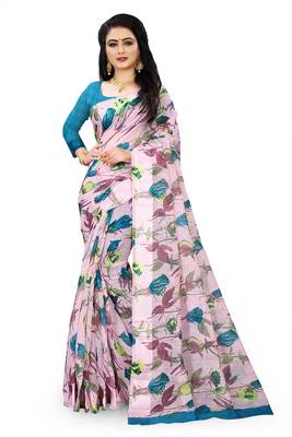 Pink printed linen saree with blouse 1