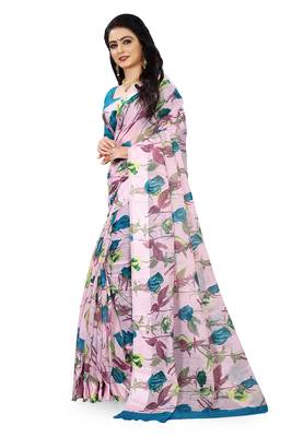 Pink printed linen saree with blouse 2