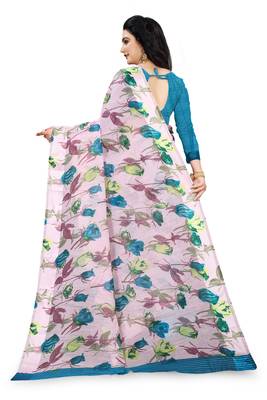 Pink printed linen saree with blouse 3
