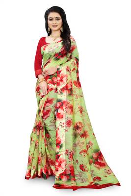 Green printed linen saree with blouse 1
