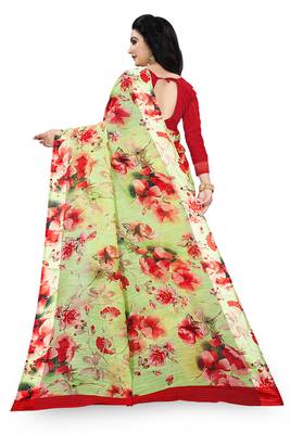 Green printed linen saree with blouse 3