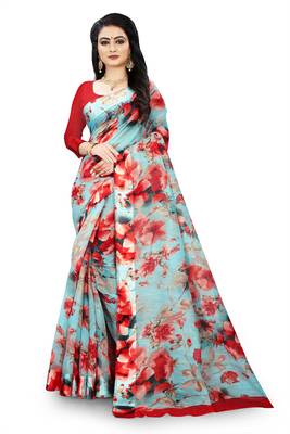 Light blue printed linen saree with blouse 1