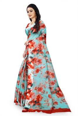 Light blue printed linen saree with blouse 2