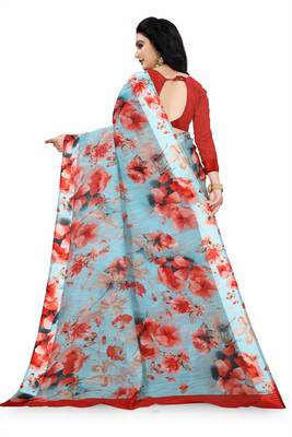 Light blue printed linen saree with blouse 3