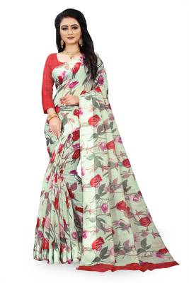 Light green printed linen saree with blouse 1