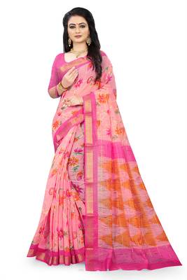 Pink printed linen saree with blouse 1