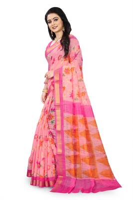 Pink printed linen saree with blouse 2