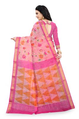 Pink printed linen saree with blouse 3