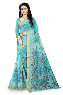 Light blue printed linen saree with blouse 1