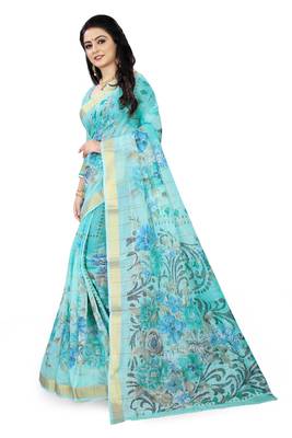 Light blue printed linen saree with blouse 2