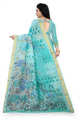 Light blue printed linen saree with blouse 3