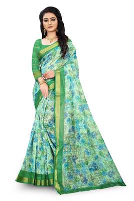 Green printed linen saree with blouse 1