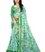 Green printed linen saree with blouse