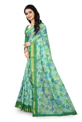 Green printed linen saree with blouse 2