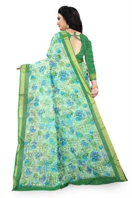 Green printed linen saree with blouse 3
