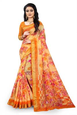 Orange printed linen saree with blouse 1