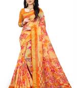 Orange printed linen saree with blouse