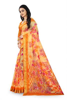 Orange printed linen saree with blouse 2