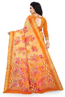 Orange printed linen saree with blouse 3