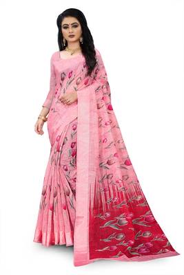 Light pink printed linen saree with blouse 1