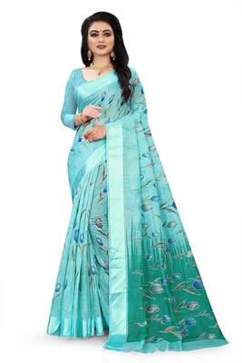 Light blue printed linen saree with blouse 1