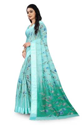 Light blue printed linen saree with blouse 2