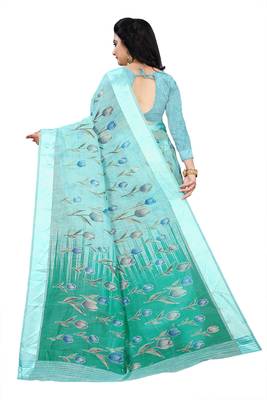 Light blue printed linen saree with blouse 3