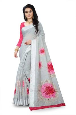 Grey printed linen saree with blouse 1