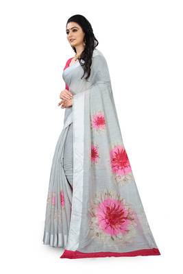 Grey printed linen saree with blouse 2