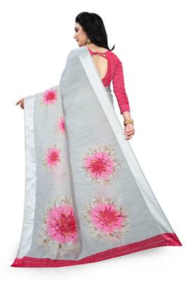 Grey printed linen saree with blouse 3