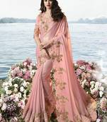 Baby Pink Embroidered Pure Tissue Saree With Blouse