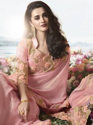 Baby Pink Embroidered Pure Tissue Saree With Blouse 3