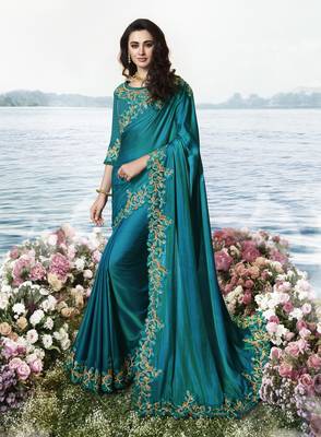 Teal Embroidered Silk Blend Saree With Blouse 1