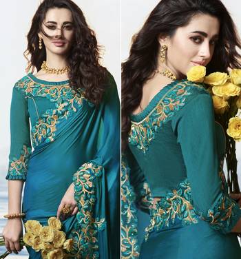 Teal Embroidered Silk Blend Saree With Blouse 2