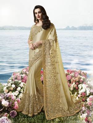 Dark Cream Embroidered Pure Tissue Saree With Blouse 1