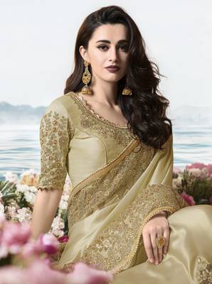Dark Cream Embroidered Pure Tissue Saree With Blouse 3
