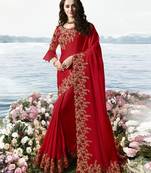 Red Embroidered Silk Blend Saree With Blouse