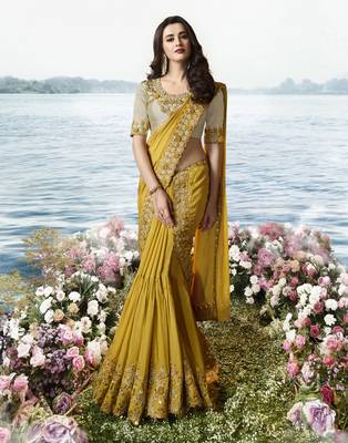 Mustard Embroidered Pure Silk Saree With Blouse 1