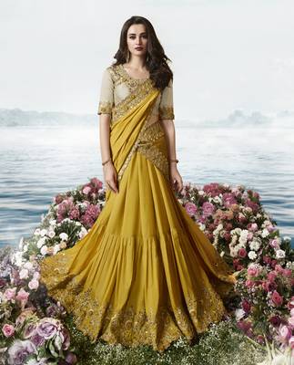 Mustard Embroidered Pure Silk Saree With Blouse 2