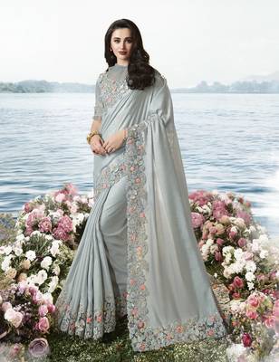 Grey Embroidered Pure Tissue Saree With Blouse 1