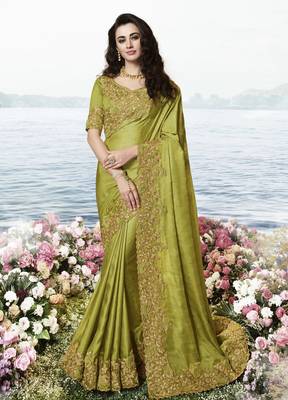 Olive Embroidered Pure Silk Saree With Blouse 1