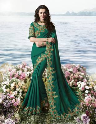 Dark Teal Embroidered Pure Silk Saree With Blouse 1