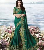 Dark Teal Embroidered Pure Silk Saree With Blouse